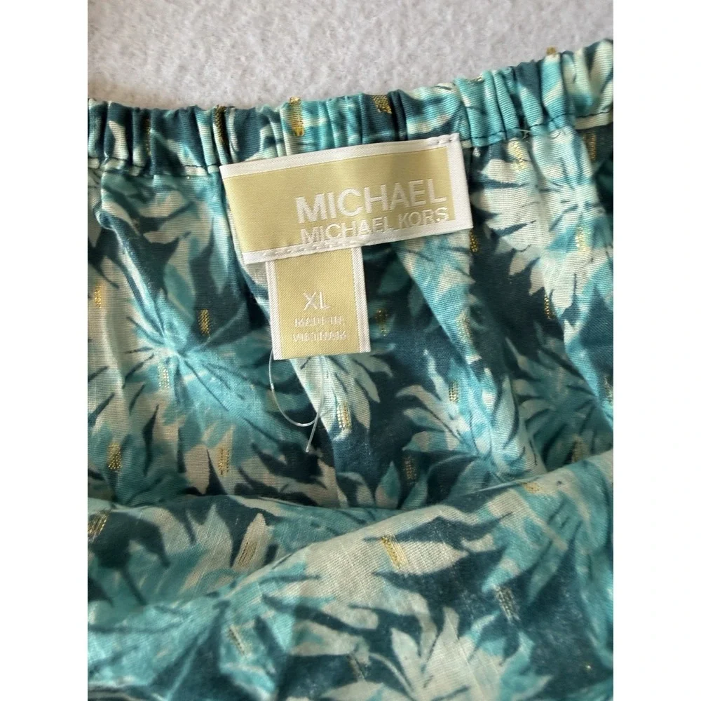 Michael Kors Women's Short Sleeve Nassau Teal Puff Sleeve Blouse Size XL NWT